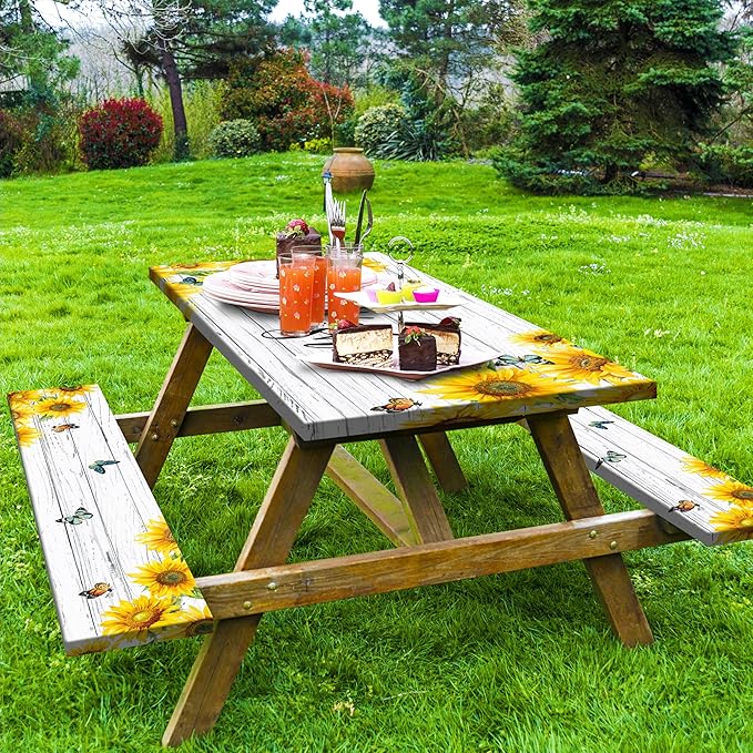 Sunflower Picnic Table Cover with Bench Covers Camping Essentials Wooden Grain Outdoor Table Covers with Elastic Waterproof Fitted Tablecloth for RV Picnic Travel