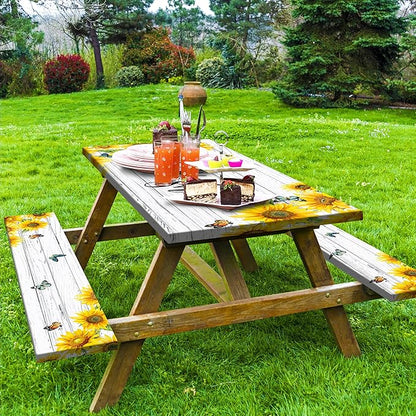 Sunflower Picnic Table Cover with Bench Covers Camping Essentials Wooden Grain Outdoor Table Covers with Elastic Waterproof Fitted Tablecloth for RV Picnic Travel