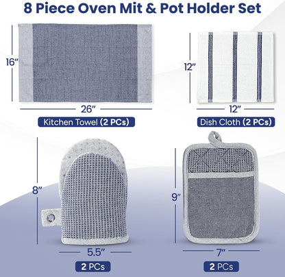 Casa Platino Mini Oven Mitts Set, 8-Piece – 500°F Heat Resistant Silicone Oven Mitts, Potholders for Kitchens, 2 Kitchen Towels & 2 Dish Cloths