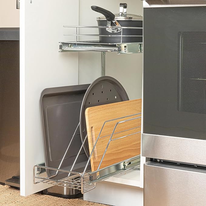 Household Essentials Glidez Multipurpose Chrome-Plated Steel Pull-Out/Slide-Out Dual-Sliding Storage Organizer for Cookware and Bakeware - 2-Tier Design - Fits Standard Size Cabinet or Shelf, Chrome