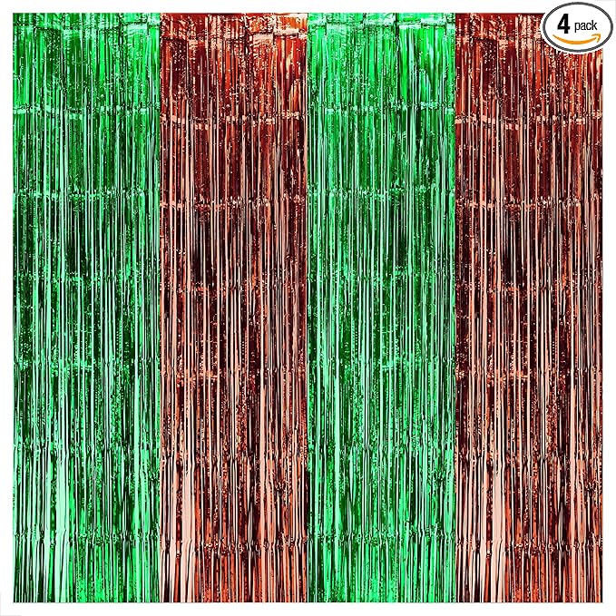 KatchOn, XtraLarge Green and Brown Backdrop - 3.25x 8 Feet, Pack of 4 | Green and Brown Fringe Backdrop Curtains for Football Party Decorations | Foil Fringe Curtains for Dinosaur Birthday Decor