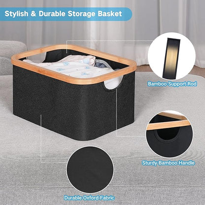 efluky Storage Baskets for Organizing, Fabric Storage Bins with Bamboo Handles, Collapsible Storage Baskets for Shelves and Closet, Black Set of 2