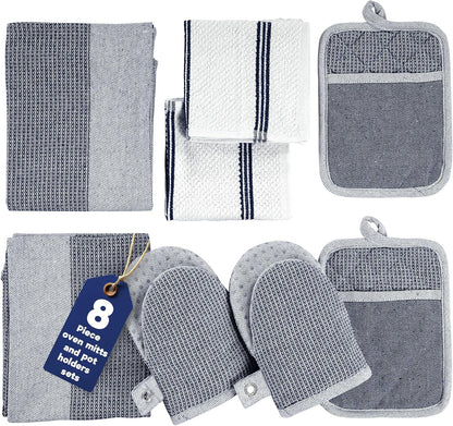 Casa Platino Mini Oven Mitts Set, 8-Piece – 500°F Heat Resistant Silicone Oven Mitts, Potholders for Kitchens, 2 Kitchen Towels & 2 Dish Cloths