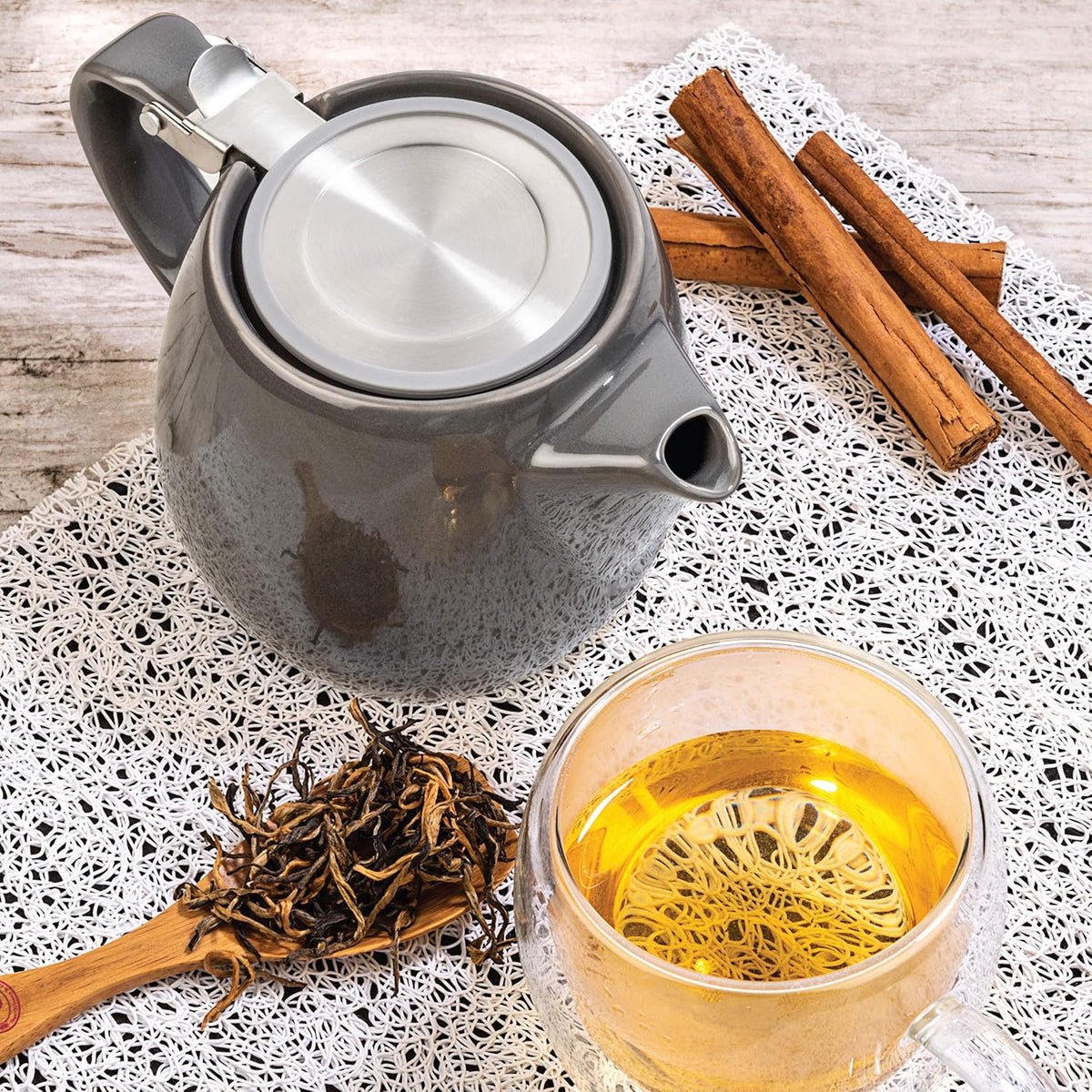 Tealyra - Pluto Porcelain Small Teapot Grey - 18.2-ounce (1-2 cups) - Unique Finish - Stainless Steel Lid and Extra-Fine Infuser To Brew Loose Leaf Tea - 540ml