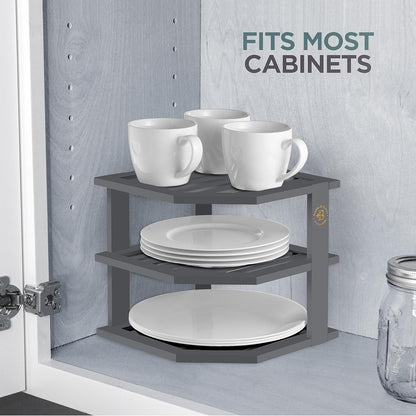 Cabinet Organizer Shelf - Bamboo Corner Rack for Kitchen Counter, Cabinet Space Saver for Plates, Dishes, Bowls, Bread Pantry, Bathroom Storage or Countertop Stand, Grey