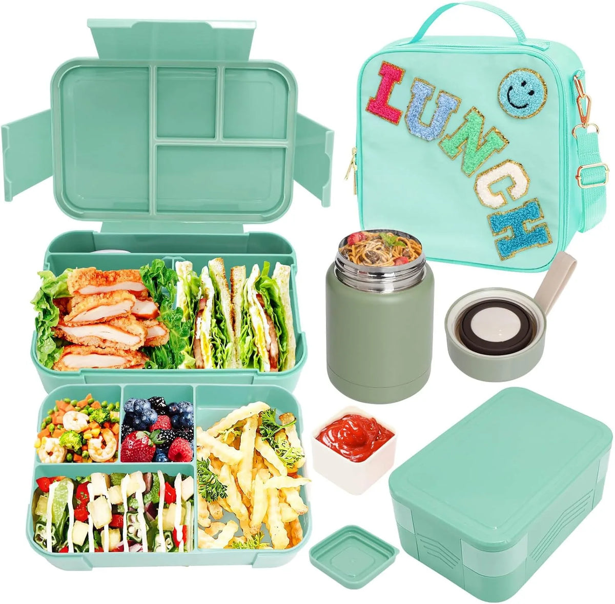 Girl Lunch Bag with 6 Compartment Bento Box with 10oz Thermo- Preppy Green Nylon Insulated Lunch Box Adjustable Strap
