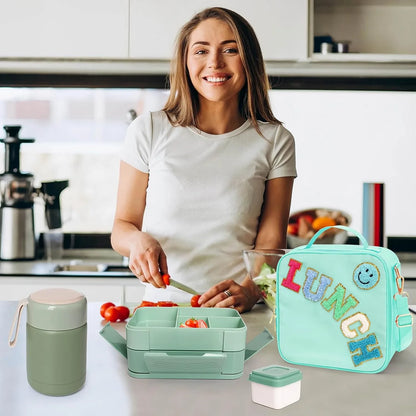 Girl Lunch Bag with 6 Compartment Bento Box with 10oz Thermo- Preppy Green Nylon Insulated Lunch Box Adjustable Strap