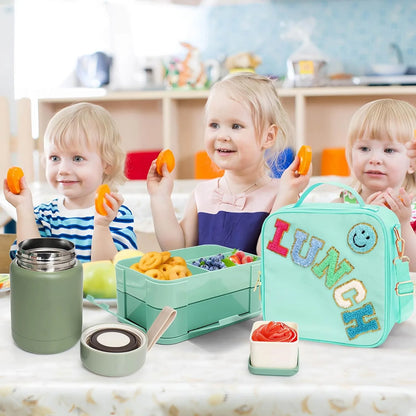 Girl Lunch Bag with 6 Compartment Bento Box with 10oz Thermo- Preppy Green Nylon Insulated Lunch Box Adjustable Strap
