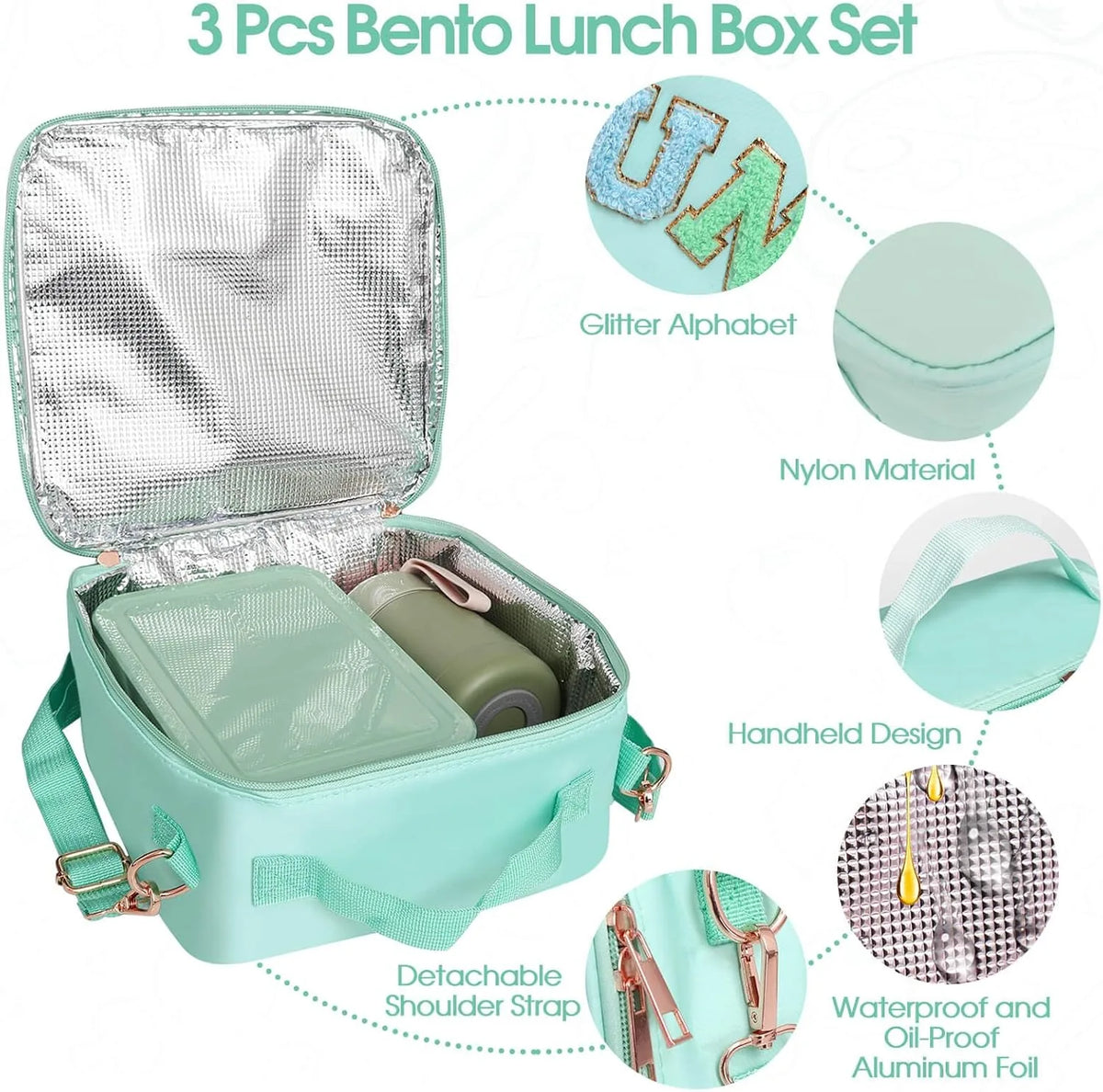 Girl Lunch Bag with 6 Compartment Bento Box with 10oz Thermo- Preppy Green Nylon Insulated Lunch Box Adjustable Strap