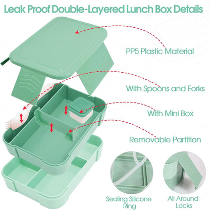 Girl Lunch Bag with 6 Compartment Bento Box with 10oz Thermo- Preppy Green Nylon Insulated Lunch Box Adjustable Strap
