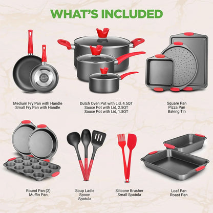 NutriChef 21-Piece Nonstick Cookware Set - PTFE/PFOA/PFOS Free Heat Resistant Lacquer Kitchen Ware Pots Pan w/ Cool-Touch Handles, Saucepan, Fry Pans